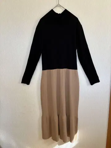 리브 긴팔 니트 원피스 블랙 베이지