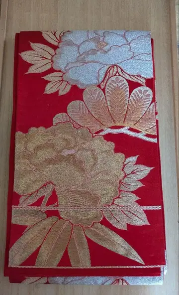 후쿠로 오비 예복 포멀 금실 은실 꽃무늬 빨간색