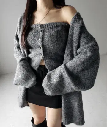 [ me+em select ] 니트 버튼 뷔스티에 + 롱 가디건 세트