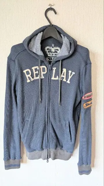 REPLAY 남성용 코튼 니트 후드티 네이비/그레이 로고 와펜