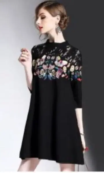 자수 장식 블랙 7부 소매 원피스 차이나 드레스 파티 드레스
