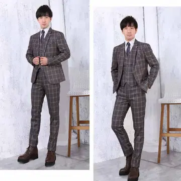 남성용 수트 3세트 쓰리피스 투버튼 체크 무늬 비즈니스 출퇴근