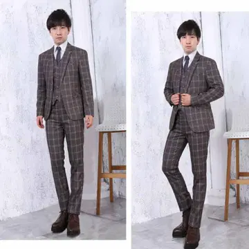 남성용 수트 3세트 쓰리피스 투버튼 체크 무늬 비즈니스 출퇴근