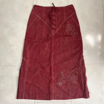 버건디 자수 롱 스커트