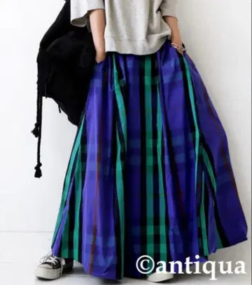 안티카 패턴 토르소 블루 체크 무늬 롱 스커트