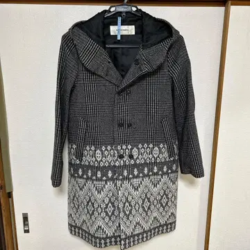 SUPER HAKKA 체크 무늬 후드 부착 롱 코트