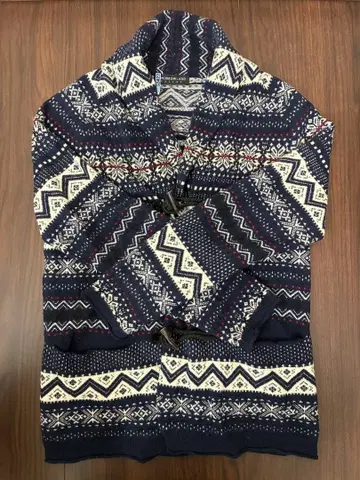 기하학 패턴 후드 부착 가디건 L