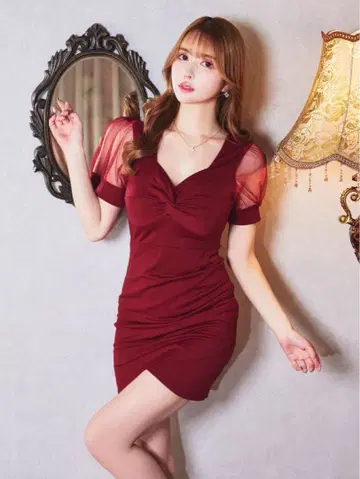 와인 레드 시스루 소매 드레스