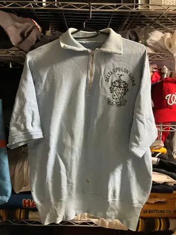 50s 스카이블루 자수 로고 반팔 피케 셔츠 지퍼