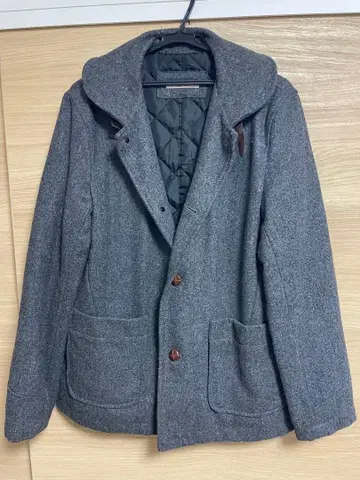 그레이 울 혼방 피 코트 후드 부착