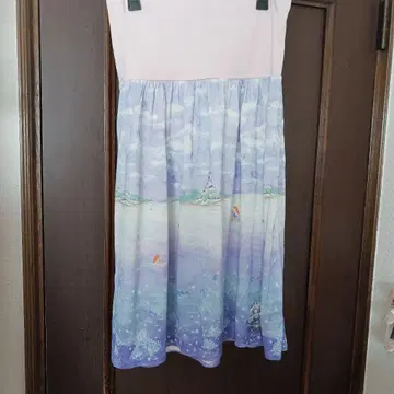 프랑슈리페 풍경화 프린트 보라색 무릎 기장 원피스 반팔