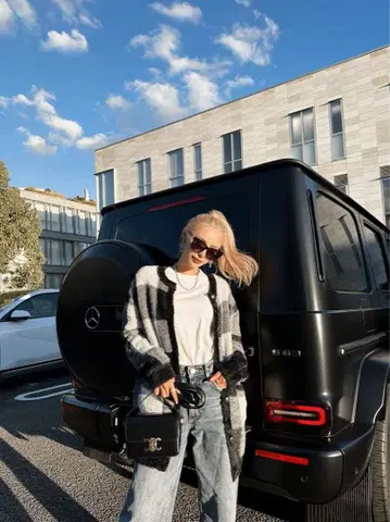 ALENCY 블록 체크 샤기 가디건