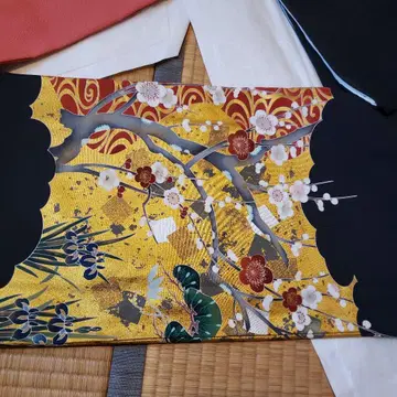 블랙 전모 기모노 꽃무늬 오렌지와 블랙 & 샤메 코몬