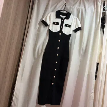 니트 롱 원피스 반팔 블랙/화이트