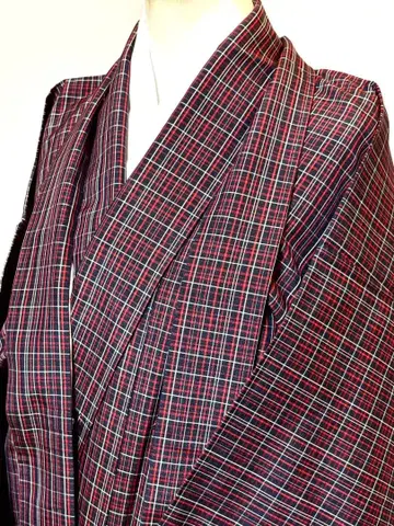 미사용품 기모노 순수 실크 체크 무늬  앙상블 선착순