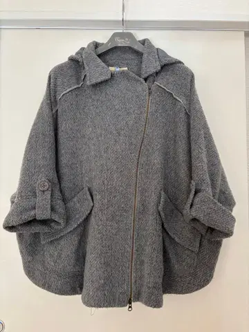 그레이 후드 부착 판초 케이프 코트