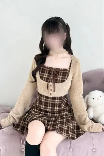 bunnylis 퍼 볼레로 체크 미니 원피스