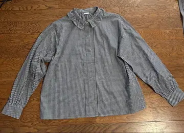 깅엄 체크 프릴 옷깃 긴팔 셔츠