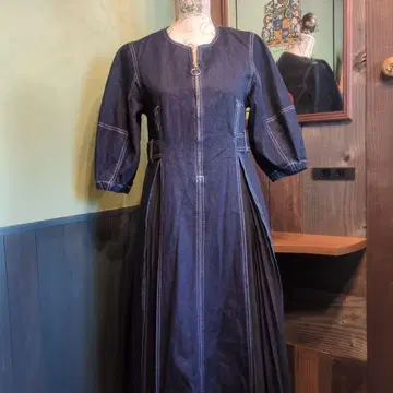 다크 블루 데님 원피스 플리츠 이종 스티치 지퍼 CPCM