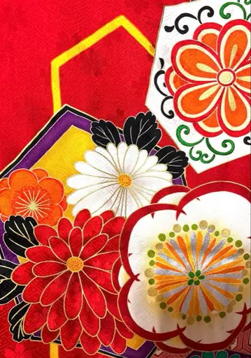 빨간색 하운드투스 꽃무늬 후리소데 기장 161