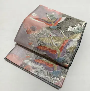 A 새상품급 학/매실/소나무 금은사 순수 실크 육통 후쿠로 오비 포멀