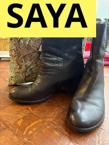 Says 블랙 가죽 중간 힐 부츠