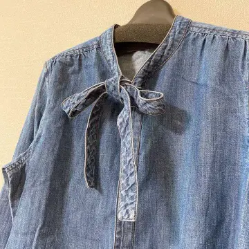 YONFA 리본 블라우스 보타이 인디고 블루 밴드 카라 긴팔