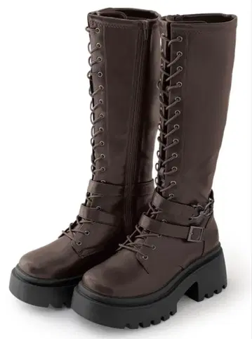 GRL 브라운 통굽 레이스업 롱 부츠