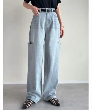 Re:EDIT 작은 키 사이드 슬릿 와이드 스트레이트 코튼 데님 팬츠