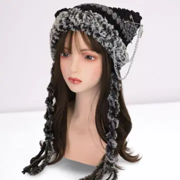 체인 달린 핸드메이드 고양이 귀 니트 모자 y2k 그런지 블랙