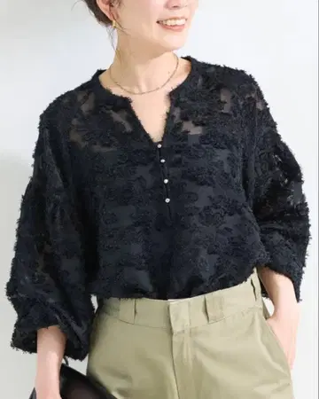 퍼프 슬리브 자카드 블라우스 베이세이 스톡 BK