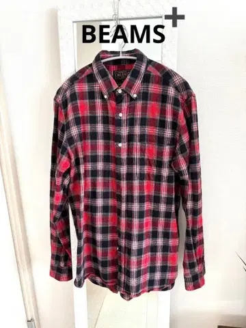 BEAMS 레드 네이비 체크 플란넬 셔츠 L