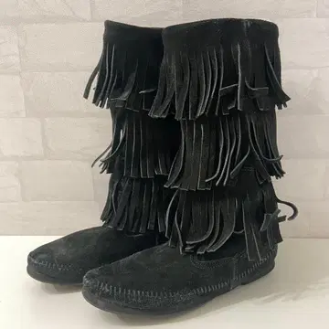 MINNETONKA 스웨이드 3단 프린지 부츠 US7 24cm 블랙