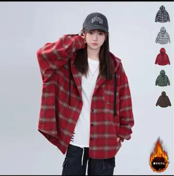 [ 새상품 ] 후드 부착 레드 체크 셔츠