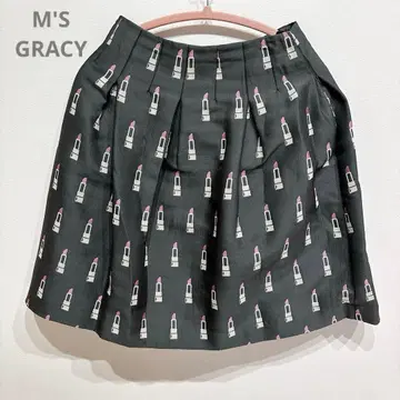 엠즈 그레이시 플레어 스커트 무릎 기장 립 올 패턴 블랙 M SGRACY