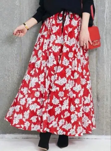 오블리 꽃무늬 플레어 롱 스커트 빨간색