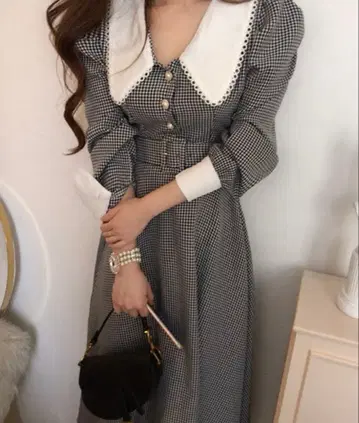 [ Jasmine ] 깅엄 체크 프렌치 걸리시 블라우스 플레어 원피스