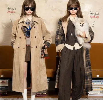 베이지 스웨이드풍 더블 브레스트 코트 양면 가역식 M 사이즈 격자 무늬