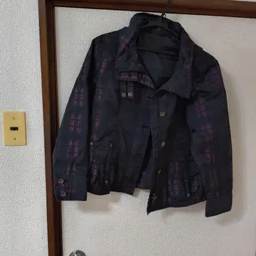 후드 부착 블랙 보라색 체크 자켓