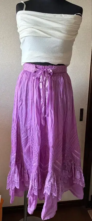 퍼플 플레어 스커트 면 100% 레이스 장식