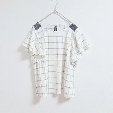 anywise 체크 무늬 플레어 소매 반팔 셔츠 LL 택 포함