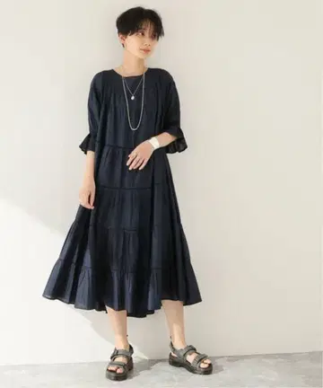 마레트 PARADIS 미디 기장 티어드 드레스 네이비 M 새상품급