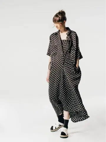 Y's 와이즈 융모 폴리에스테르 도트 숄더 드레스