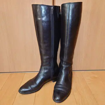 천연 가죽 블랙 롱 부츠 사이드 지퍼 부착 25cm 로우힐