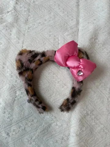 레오파드 무늬 머리띠 핑크 리본