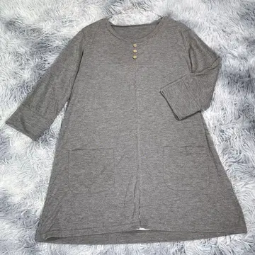 [ M ] 5부 소매 롱 T셔츠 튜닉 그레이 여성용 얇은 소재 포켓 부착