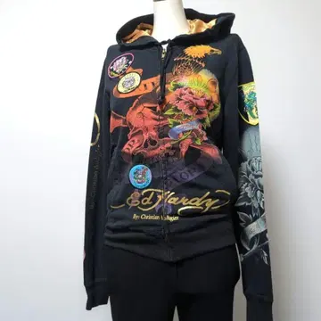 에드하디 지퍼 후드티 S 블랙 스컬 꽃 독수리 Y2K 양면 프린트