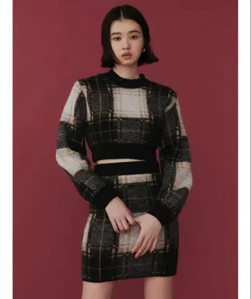 EMODA 에모다 체크 퍼프 슬리브 니트 셋업