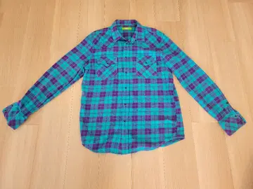 터콰이즈 퍼플 체크 무늬 긴팔 셔츠 M