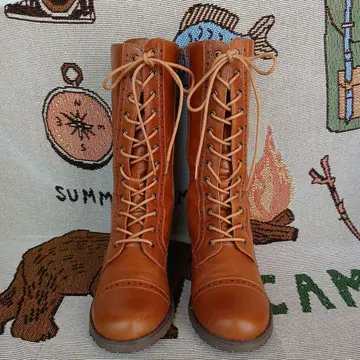 브라운 레이스업 롱 부츠